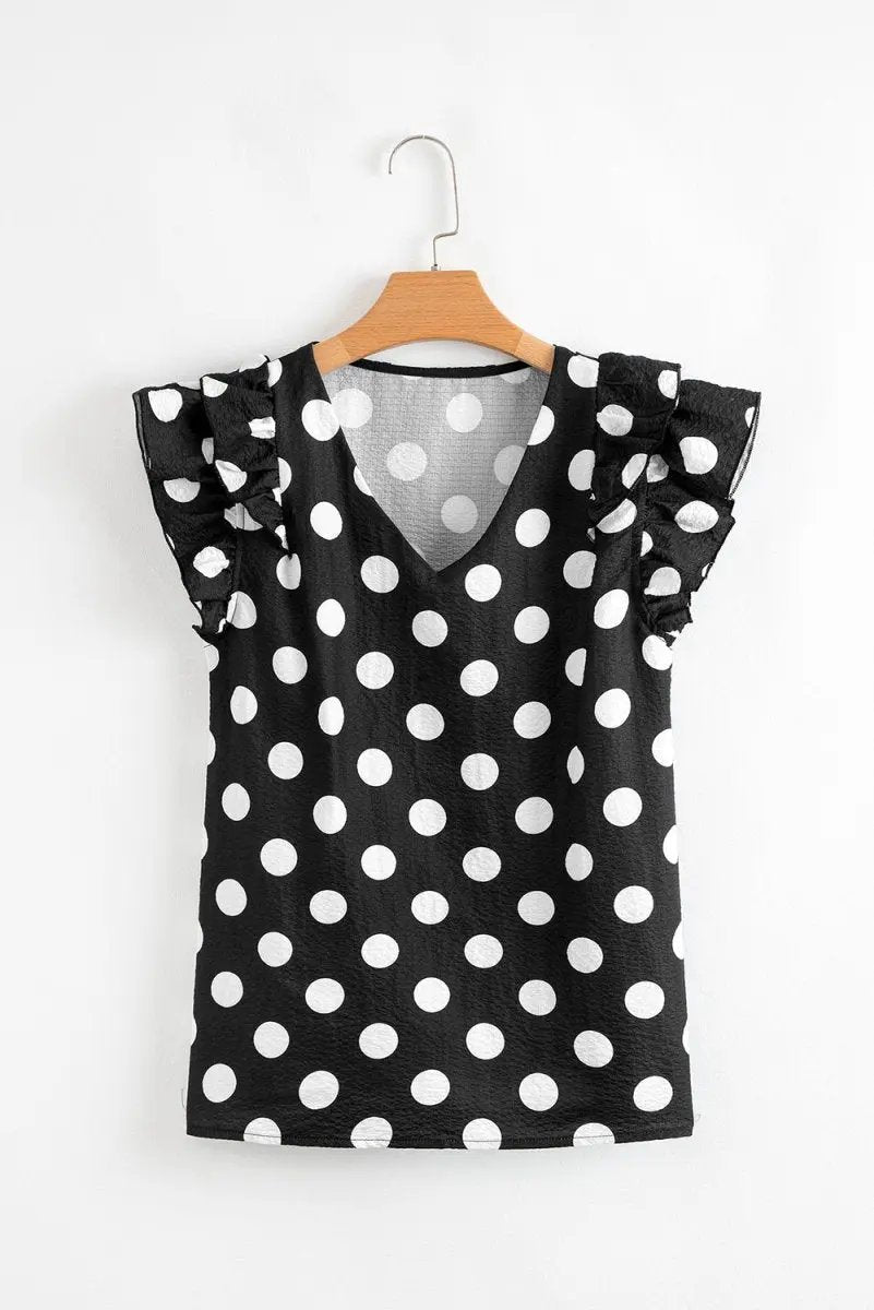 Black Polka Dot Print Ruffled Sleeve V Neck Blouse for Women - Love Salve
